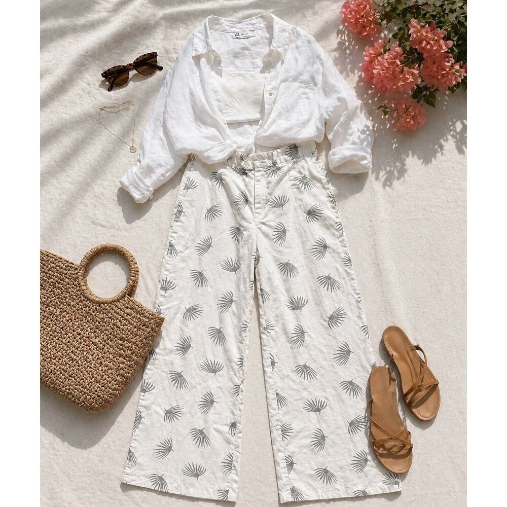 Linen Rayon Palm Print Wide Leg Pants Cooling Fabric Coastal Resort XS
